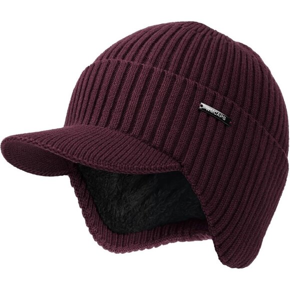 Men & Women Maroon Beanie with Brim and Ear Flaps Fleece-Lined Hat main image 5